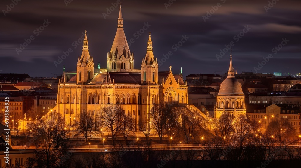Hungary. Budapest. Parliament view through Fishermans at night Bastion.