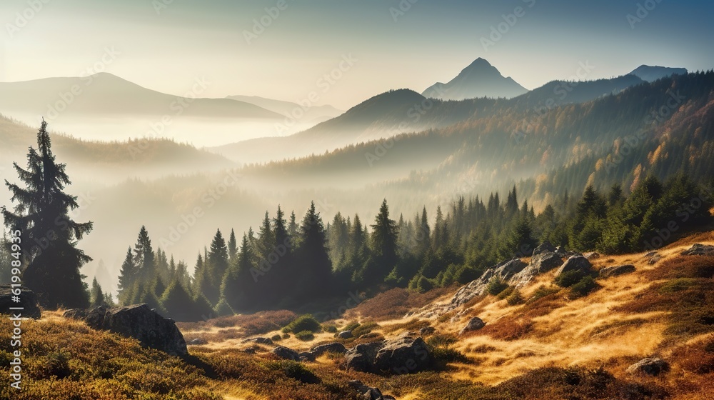 Panorama mountain autumn landscape meadow and fog