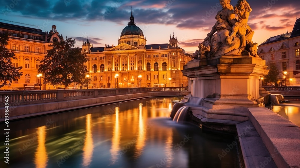 Obraz premium Pallas Athene Brunnen Vienna night summer view with lights at night