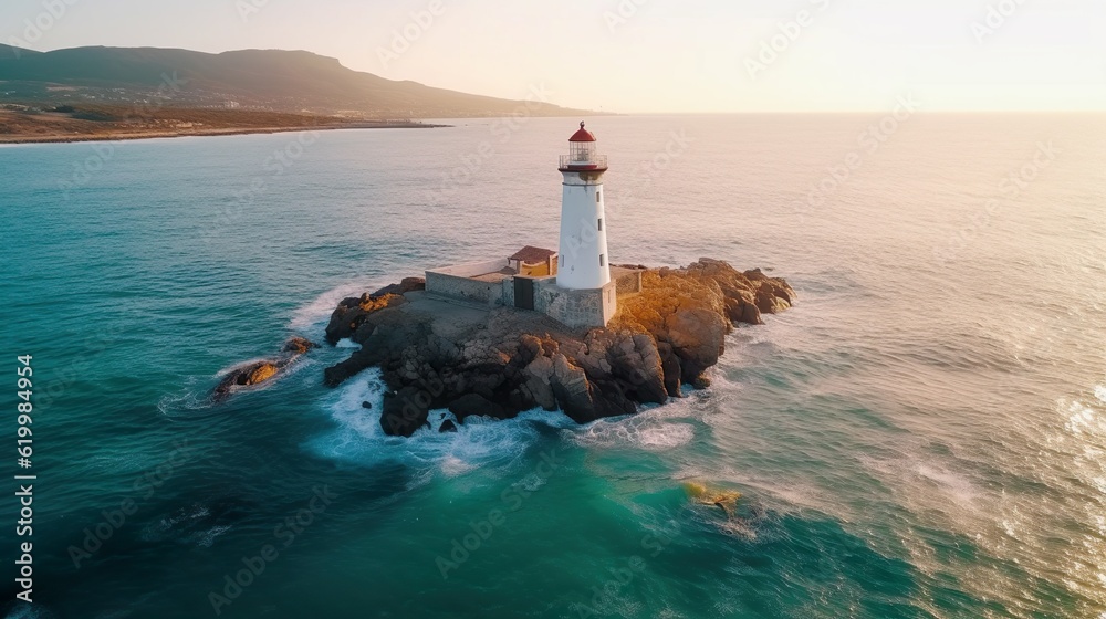Obraz premium Gloomy view from flying drone of Mykines island with old lighthouse. Attractive morning scene of Faroe Islands, Denmark, Europe. Dramatic seascape of Atlantic ocean.