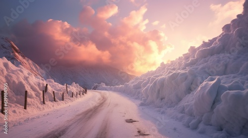Road to the great mountain sunset in the evening snowscape