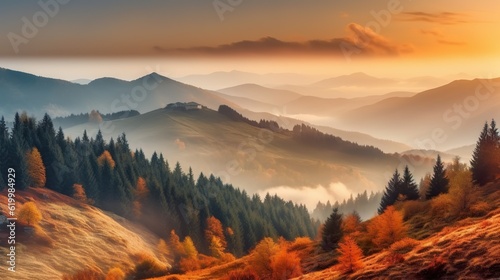 Panorama mountain autumn landscape meadow and fog
