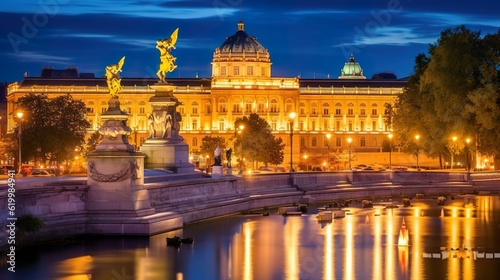 Pallas Athene Brunnen Vienna night summer view with lights at night