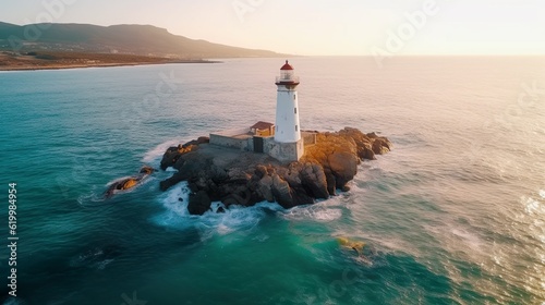 Gloomy view from flying drone of Mykines island with old lighthouse. Attractive morning scene of Faroe Islands, Denmark, Europe. Dramatic seascape of Atlantic ocean.