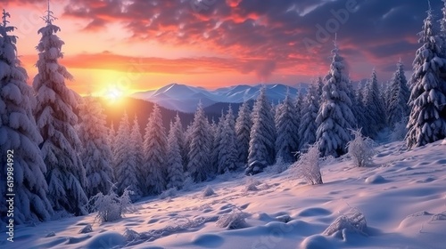 Sunset in the wood between the trees strains in winter period beautiful