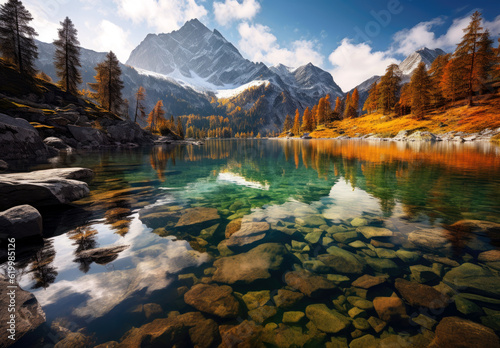 Beautiful autumn mountain nature lake with blue sky. High quality photo