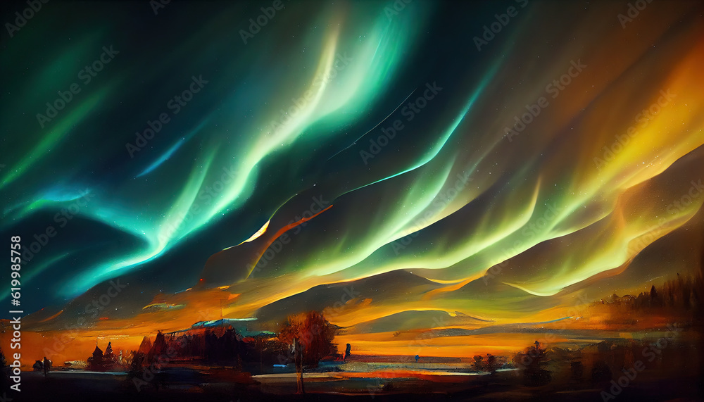 Mountain magic. Abstract oil depiction of the Northern lights dancing above. AI-generated