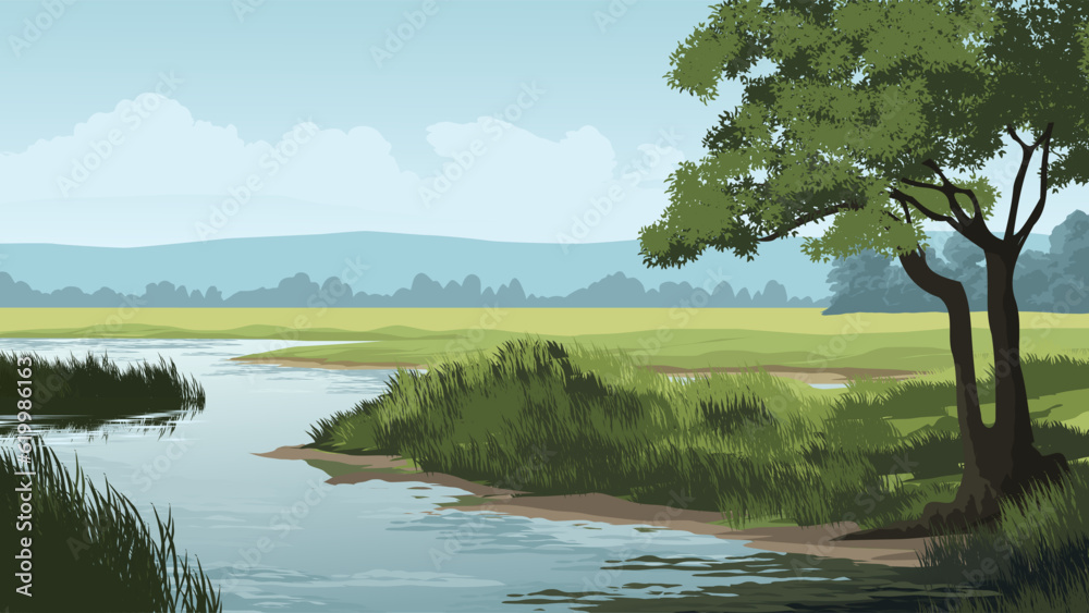 Vector rural countryside landscape with river