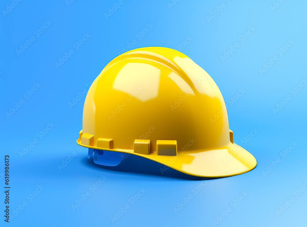 Fototapeta premium Construction job safety helmet on a blue background. 