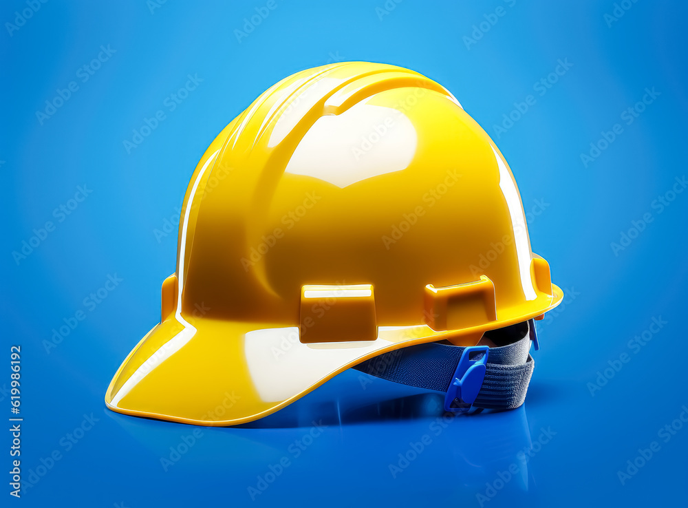 Fototapeta premium Construction job safety helmet on a blue background. 
