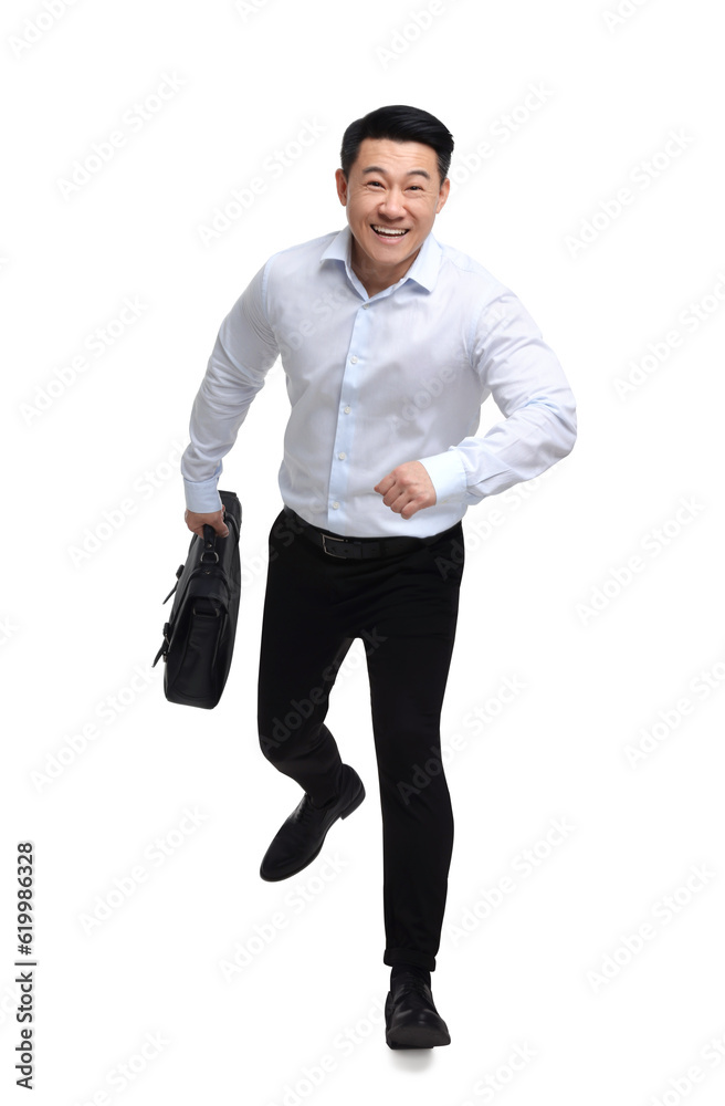 Businessman with briefcase running on white background