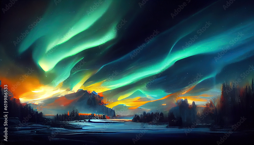 Night forest and northern lights. Painting in the style of impressionism. Imitation of oil painting. AI-generated