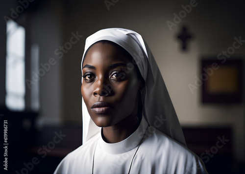 Portrait of a black nun. Close up of a religious person photo