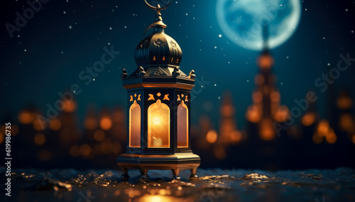 Ramadan lantern with a moon in the dark night.