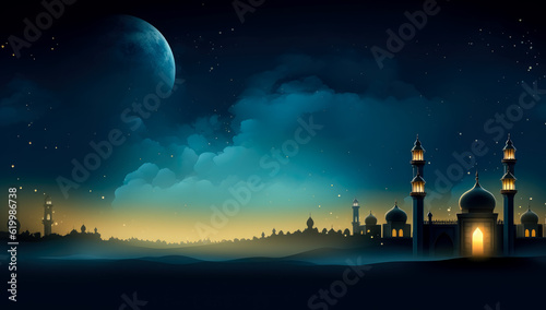 Ramadan gift card art, in the style of mosque night.