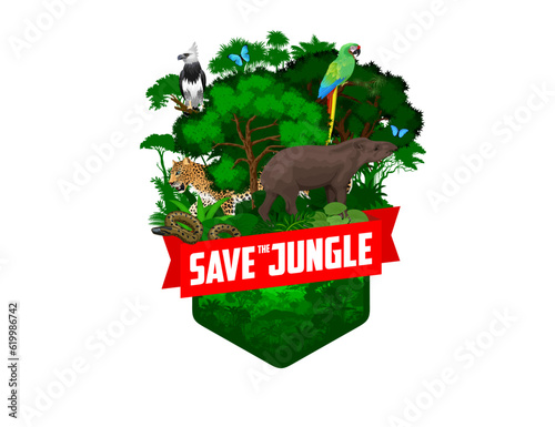 vector jungle rainforest emblem with tapir, jaguar, parrot green military macaw, anaconda and blue morpho butterfly