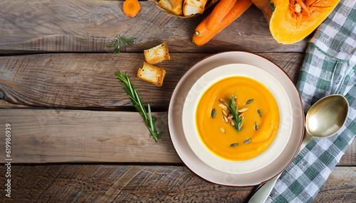 Fotografia Pumpkin and carrot Cream soup on rustic wooden table