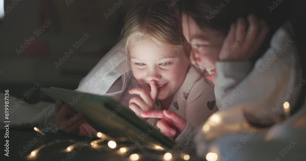 Tablet, night and search with children in bedroom for storytelling, streaming and watching movies. Happy, internet and technology with kids relax in family home for subscription, online and media