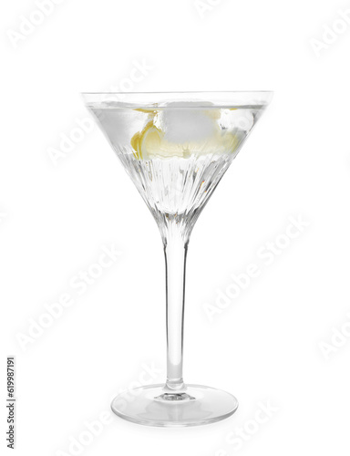 Martini glass of refreshing cocktail with lemon and ice cubes isolated on white