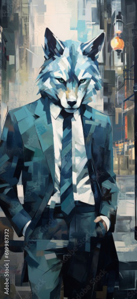 A cubist portrait of a wolf in a business suit A cubist portrait of a wolf in a business suit
