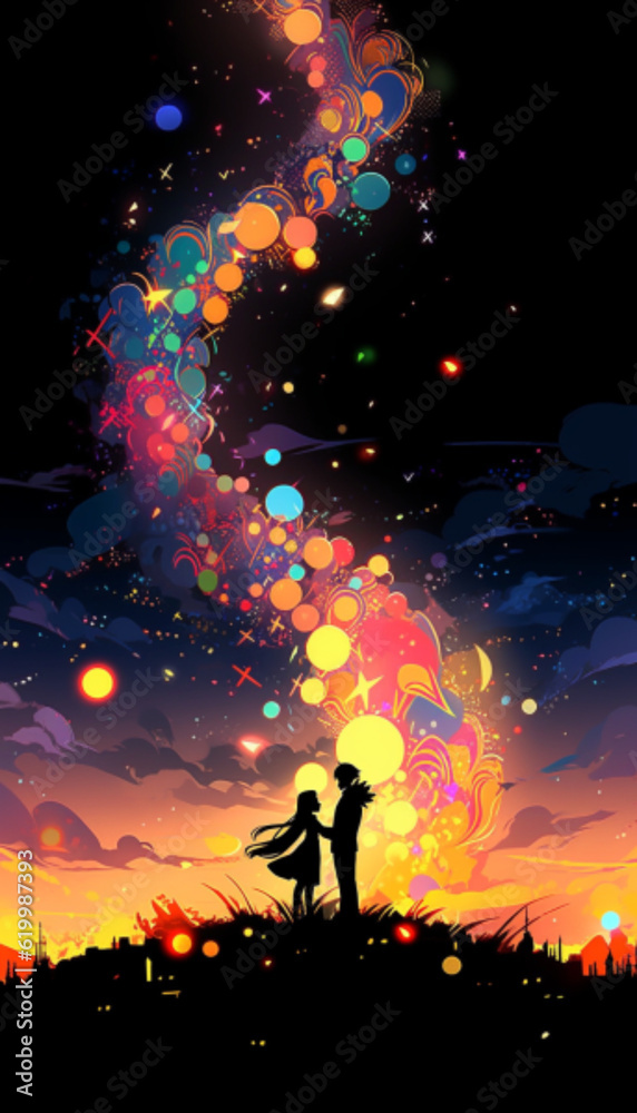 Silhouette of two people at night with a colorful sky