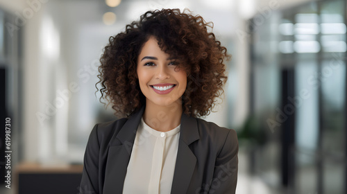 Happy Business women with curly hair Standing Inside Office Area, Closeup portrait, young Smart professional woman, a beautiful confident woman wearing a power suit, 