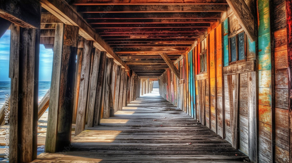 Vibrant colorful boardwalk or jetty in tranquil beach setting