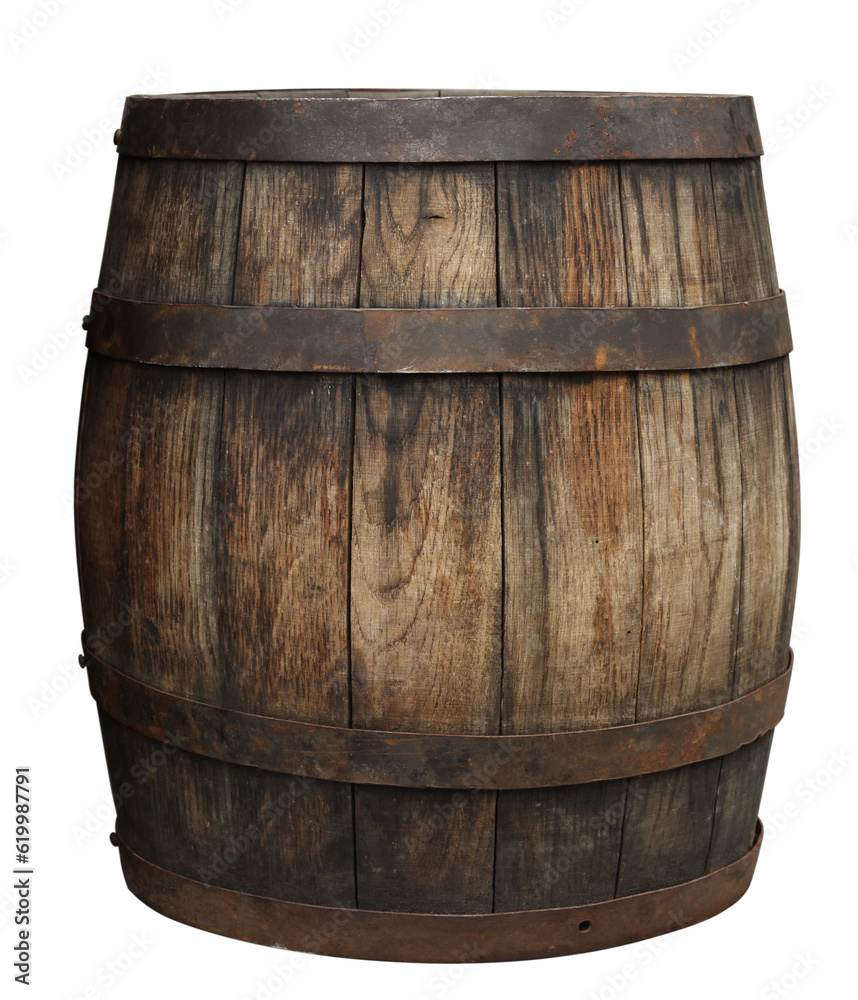 Fototapeta premium One wooden barrel with metal hoops isolated on white