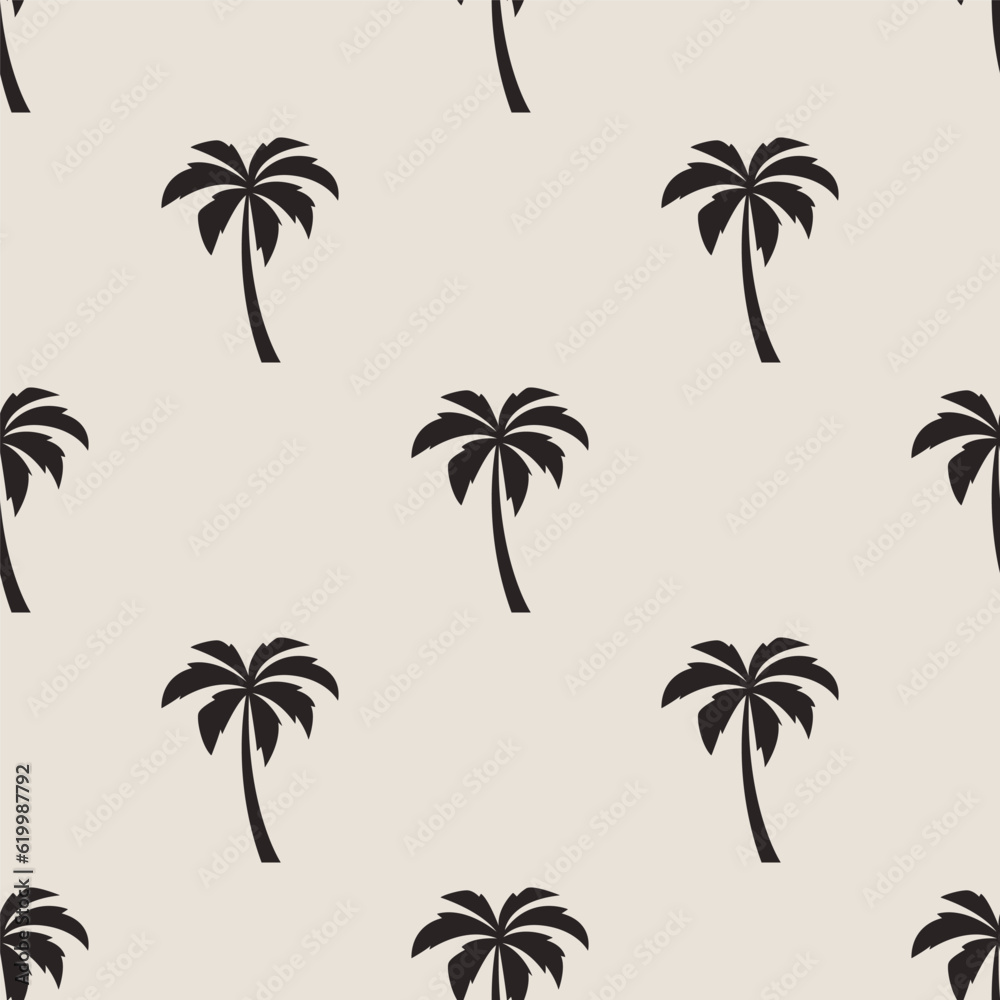 Vector Seamless Pattern with Palm Trees, Palm Tree Design Template, Print. Palm Silhouettes. Tropical, Vacation, Beach, Summer Concept. Vector Illustration. Front View