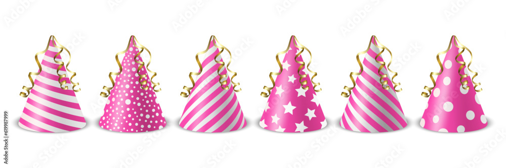 Vector 3d Realistic Pink and White Birthday Party Hat Icon Set Isolated on White Background. Party Cap Design Template for Party Banner, Greeting Card. Holiday Hats, Cone Shape, Front View Vector 3d Realistic Pink and White Birthday Party Hat Icon Set Isolated on White Background. Party Cap Design Template for Party Banner, Greeting Card. Holiday Hats, Cone Shape, Front View