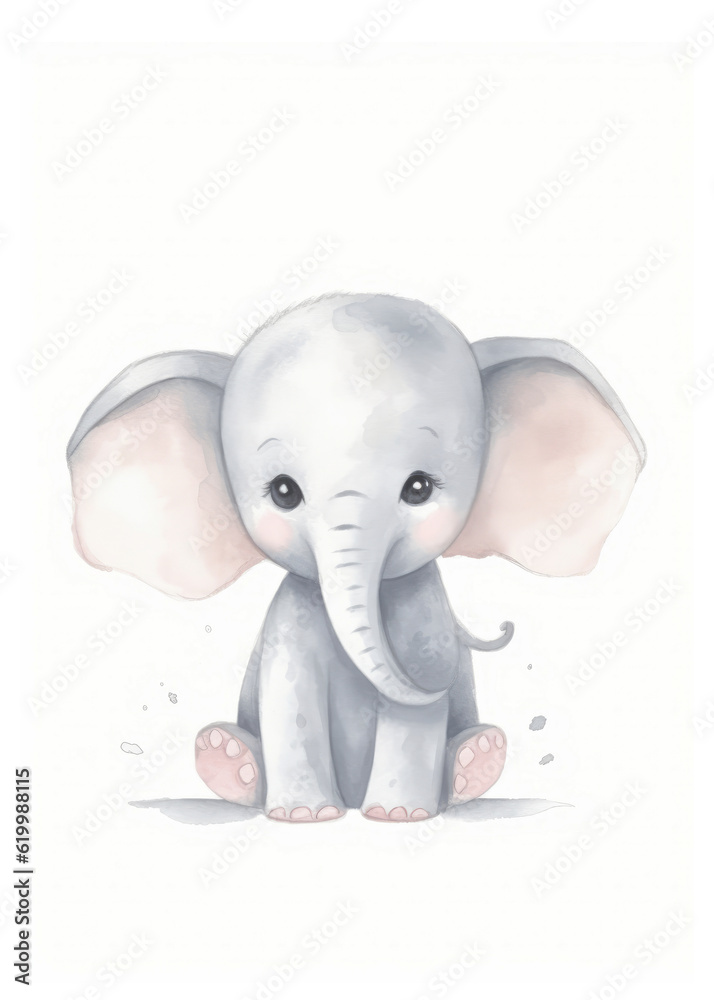 Cute Baby Elephant Sitting, Watercolor Nursery Art, Kids and Baby Room Design