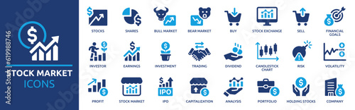Stock market icon set. Containing stocks, stock exchange, financial goal, shares, investment, bull market, bear market and investment icons. Solid icon collection. Vector illustration. photo