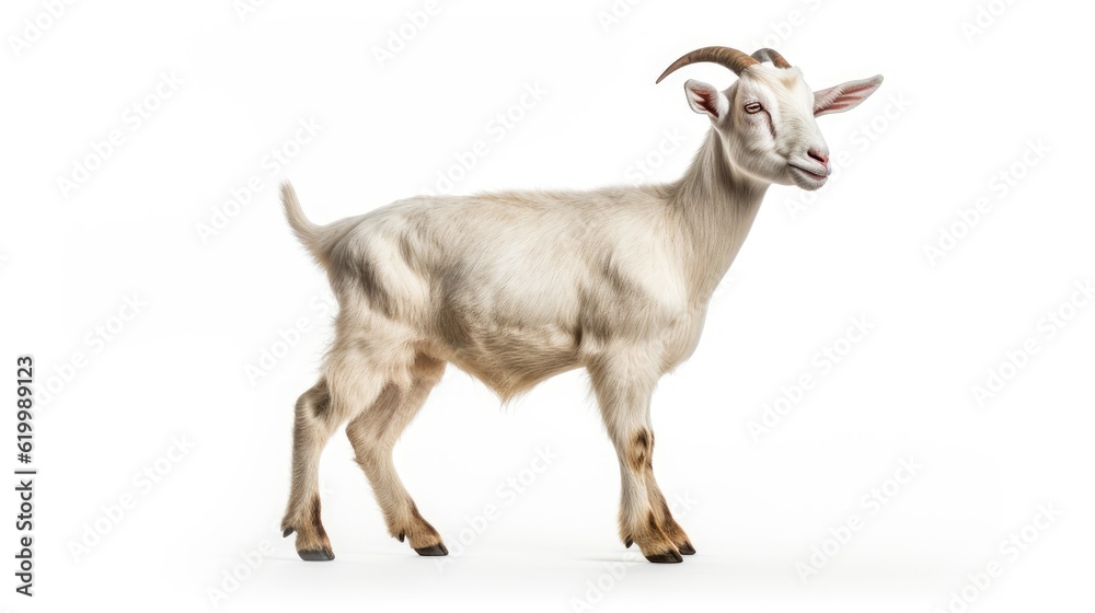 Portrait of white goat standing up isolated on a white background, with text space can use for advertising, ads, branding