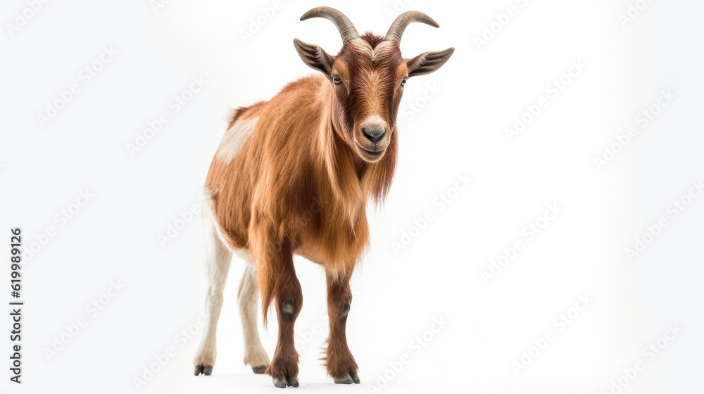 Portrait of white goat standing up isolated on a white background, with text space can use for advertising, ads, branding