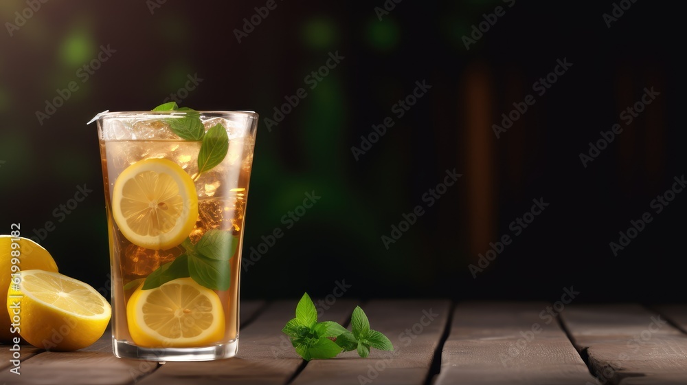 Honey lemon tea ice on black background, with text space can use for advertising, ads, branding Honey lemon tea ice on black background, with text space can use for advertising, ads, branding
