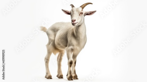 Portrait of white goat standing up isolated on a white background, with text space can use for advertising, ads, branding