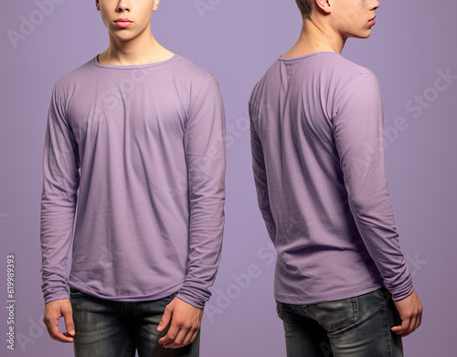 Man wearing a purple T-shirt with long sleeves. Front and back view