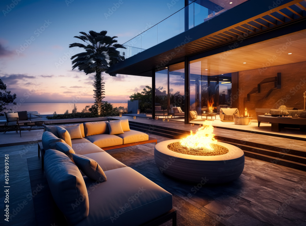 Fototapeta premium Modern luxury home with terrace and fire place. 