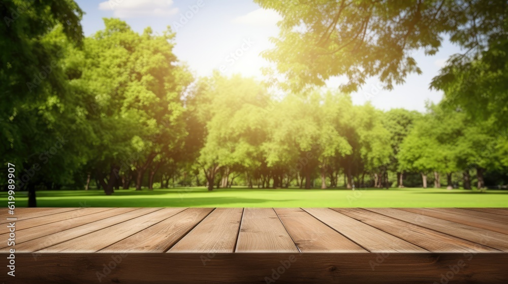 Empty wooden table with blurred green background with a country outdoor theme,Template mock up for display of product Empty wooden table with blurred green background with a country outdoor theme,Template mock up for display of product