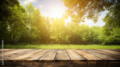 Empty wooden table with blurred green background with a country outdoor theme,Template mock up for display of product