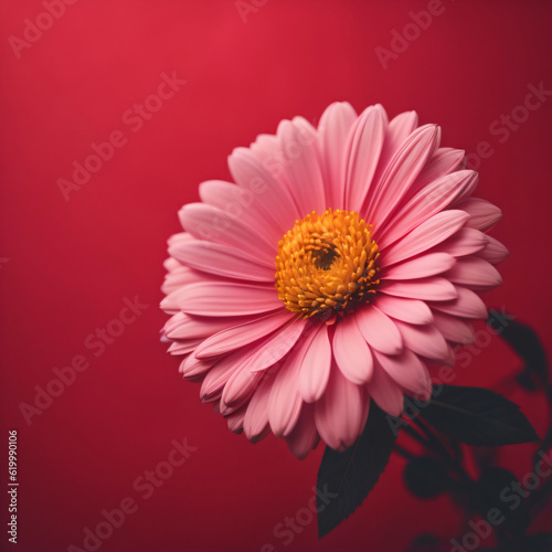 A pink flower with a yellow center against a red background