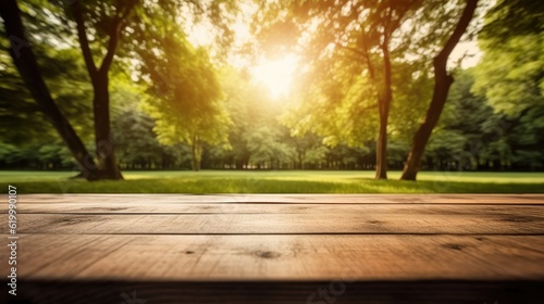 Empty wooden table with blurred green background with a country outdoor theme,Template mock up for display of product