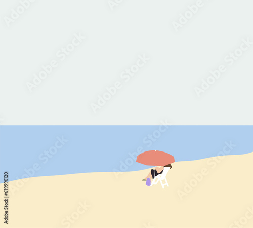 Woman on the beach during vacation holiday relax in the sun on their deck chairs under a pink umbrella. Minimal color.