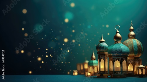 Islamic lamps with tasbih against blurred lights with text space can use for advertising, ads, branding