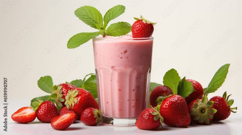 A huge glass with pink drinks or beverages from juicy and fresh red strawberries and organic milk and beautiful strawberries are around, isolated on a white background. Delicious pink smoothie. A huge glass with pink drinks or beverages from juicy and fresh red strawberries and organic milk and beautiful strawberries are around, isolated on a white background. Delicious pink smoothie.
