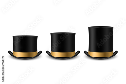 Vector 3d Realistic Black Top Hat Icon Set with Golden Color Silk Ribbon Different Sizes Closeup Isolated. Classic Retro Vintage Top Hat Collection, Vintage Gentlemans Mens Hats, Front View