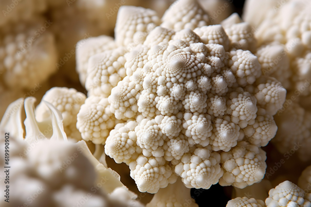 Macro shots capture the exquisite details and textures of cauliflower, revealing its intricate patterns and natural beauty. Generative AI. Macro shots capture the exquisite details and textures of cauliflower, revealing its intricate patterns and natural beauty. Generative AI.