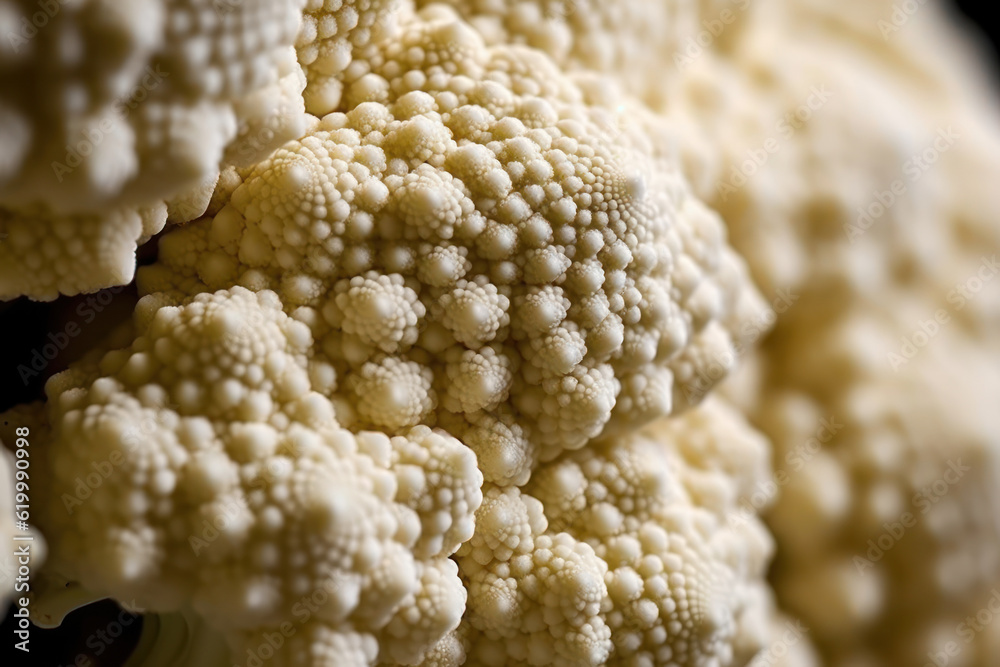 Macro shots capture the exquisite details and textures of cauliflower, revealing its intricate patterns and natural beauty. Generative AI. Macro shots capture the exquisite details and textures of cauliflower, revealing its intricate patterns and natural beauty. Generative AI.