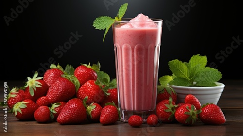 A huge glass with pink drinks or beverages from juicy and fresh red strawberries and organic milk and beautiful strawberries are around, isolated on a white background. Delicious pink smoothie.