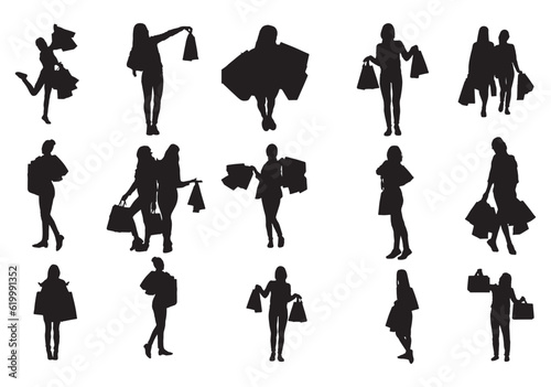 Set of women shopping silhouette